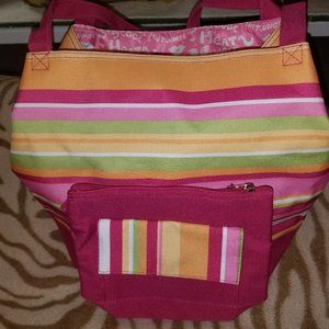 Multi-colored stiped beach bag w/wristlet